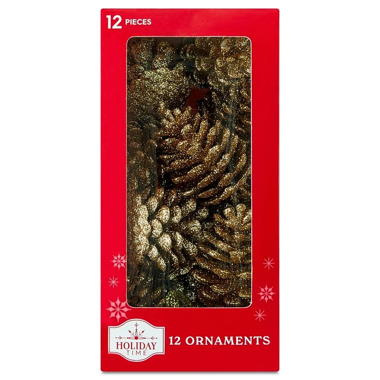 12 Count Gold Glitter Pinecone Christmas Ornaments, 2 in, by Holiday Time | Walmart (US)