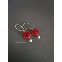 Red Rose Earrings With Cream Freshwater Pearls, Rose Earrings, Flower Beauty & The Beast Jewelry | Etsy (US)