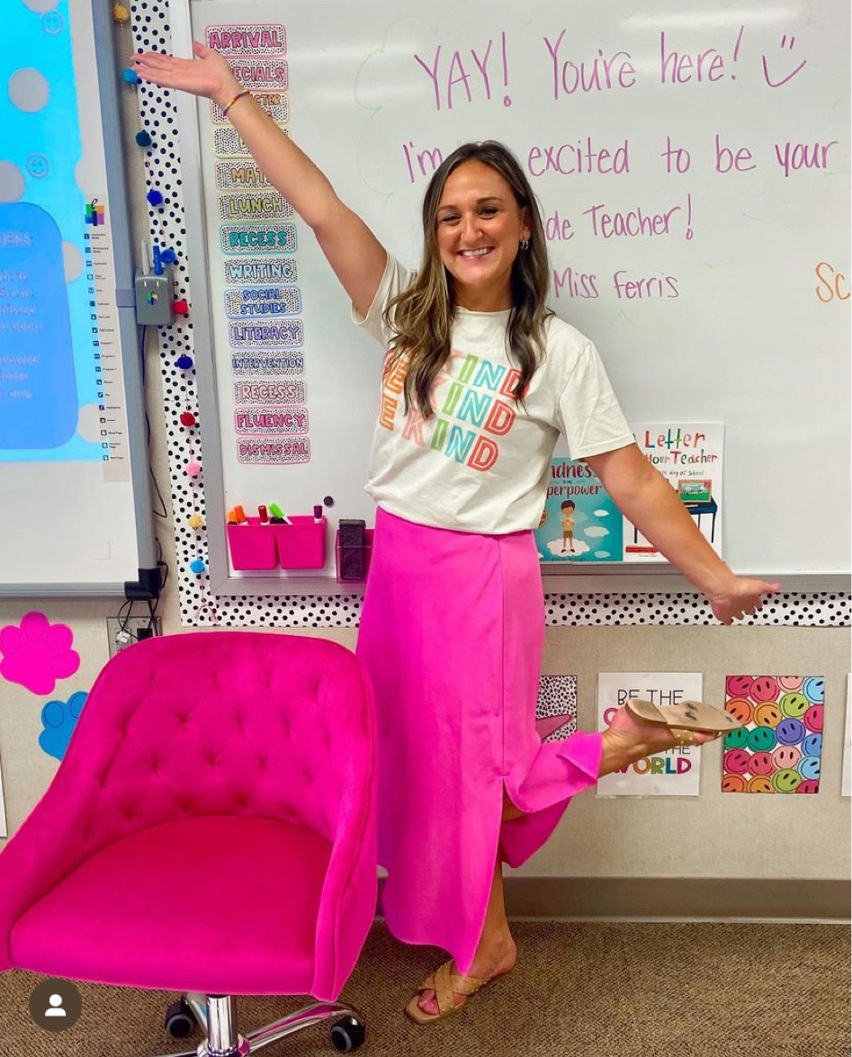 Teacher fashion • be kind shirt & pink target satin midi skirt • pairs well with my favorite amazon office chair 🩷

#LTKworkwear #LTKstyletip #LTKfindsunder50