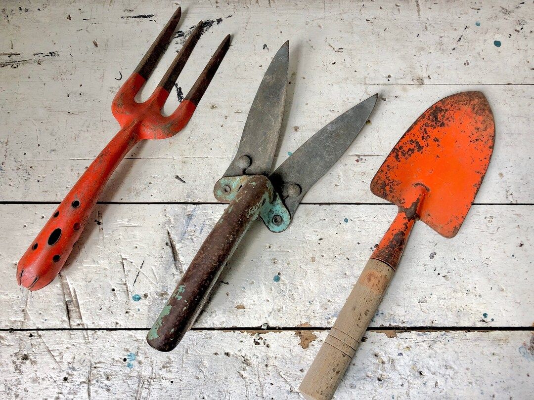 Vintage metal garden tools with rustic patina | Etsy (US)