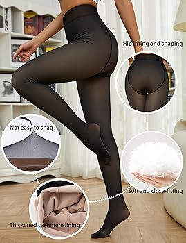 Bontierie Fleece Lined Fake Translucent Pantyhose For Women Black High-waisted Winter Warm Sheer ... | Amazon (US)