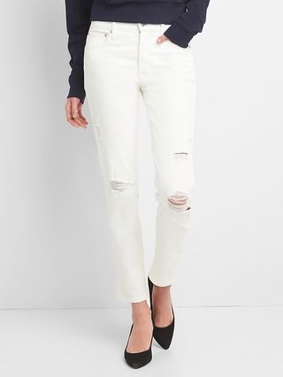 Gap Womens High Rise Slim Straight Jeans With Distressed Detail (White) Off White Size 24 | Gap US