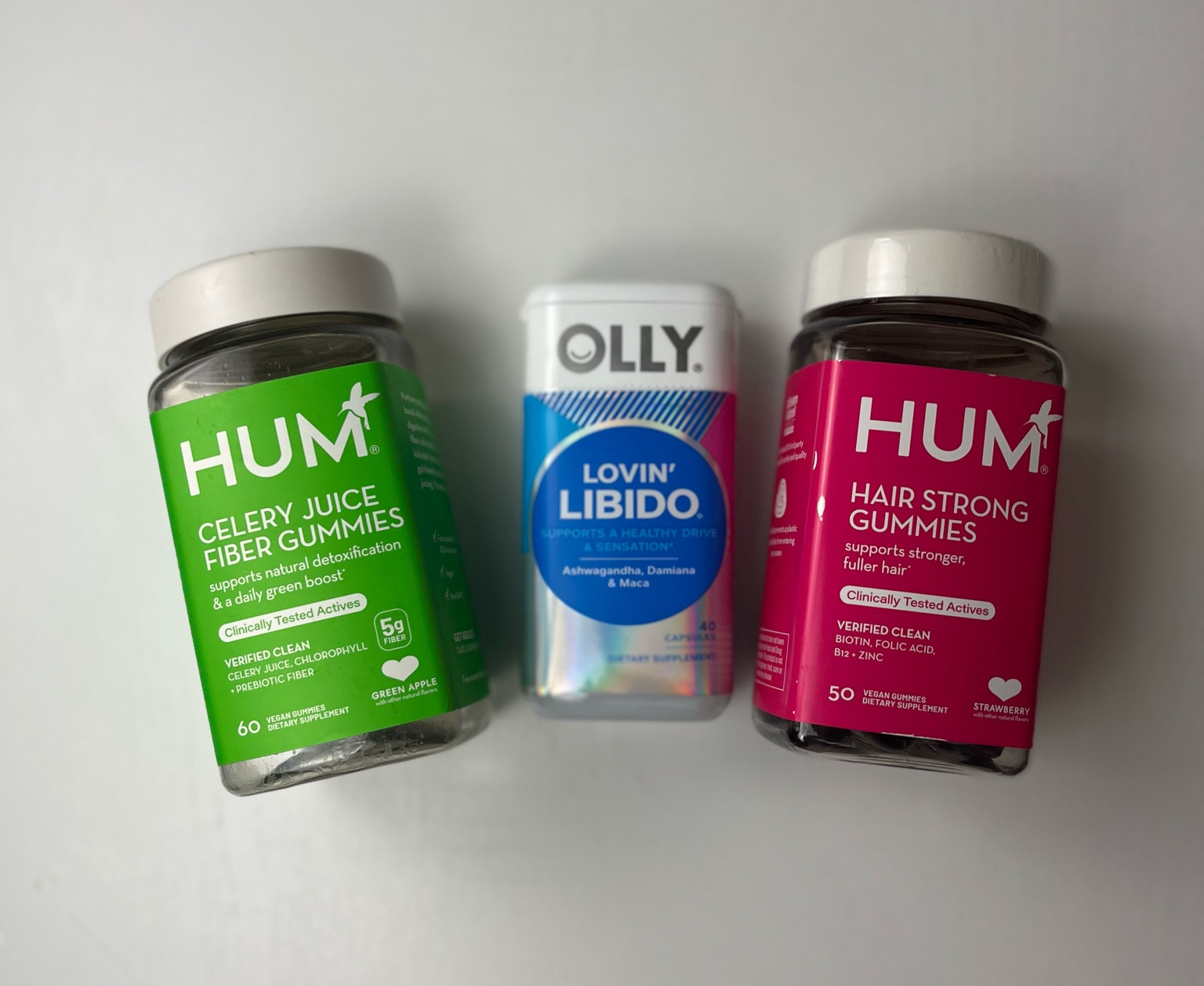 my daily vitamins! OLLY: Lovin Libido. designed to enhance libido (drive) and pleasure! this really works (€9
HUM: Celery Fiber Gummies, SO yummy. I could eat them as treats. Helps keep you regular without any tummy upset.
HUM: Hair strong gummies, not as tasty as the celery gummies but still taste good. My hair has grown and I even got a compliment at work that my hair looks thicker!! 