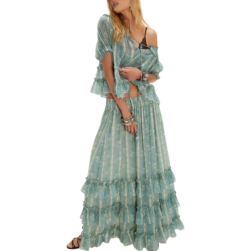 Free People Morning Mist Short Sleeve Top & Maxi Skirt Set in Mineral Blue Combo at Nordstrom Rack, Size Medium | Nordstrom Rack