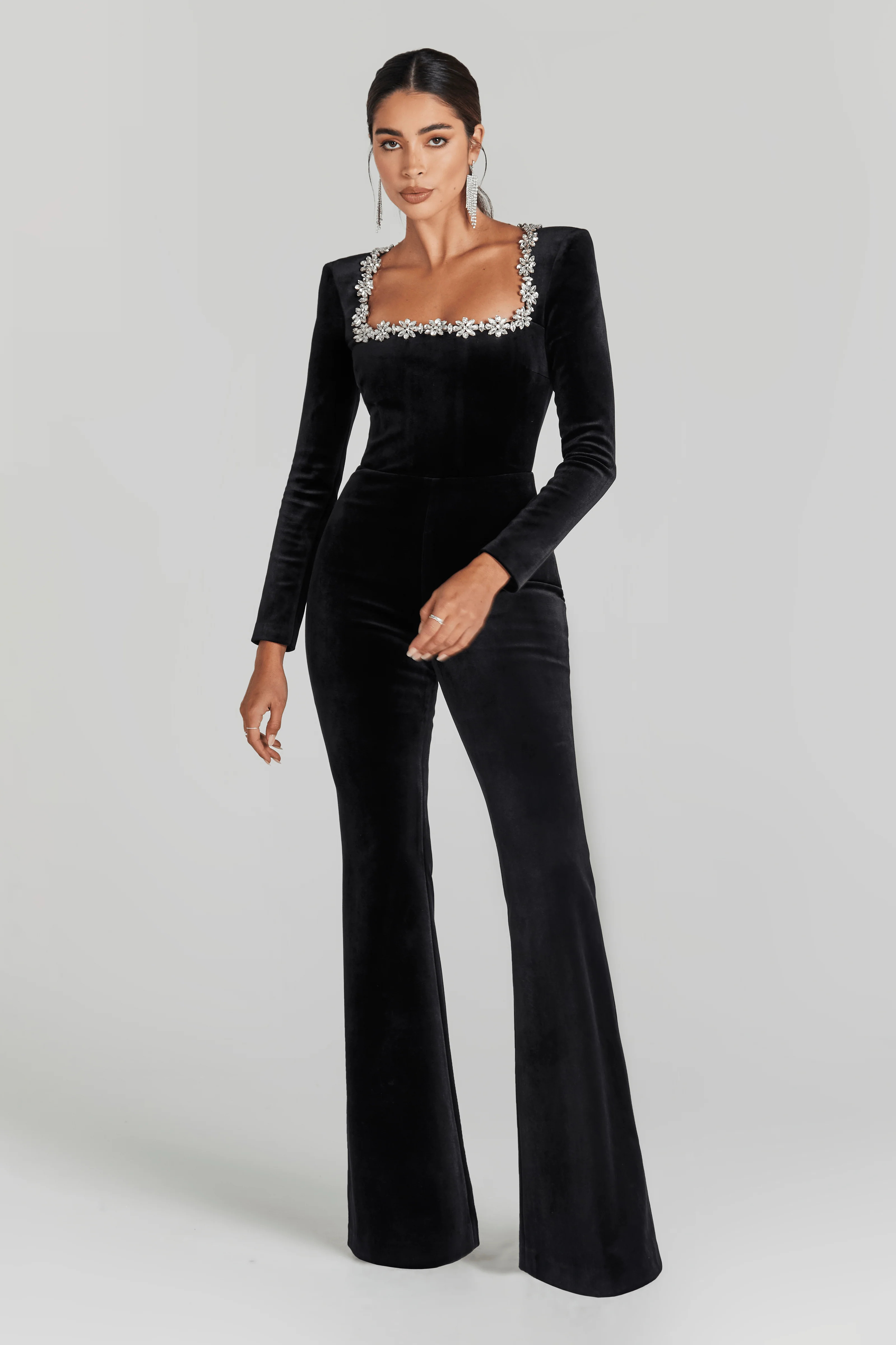KIMBERLY Black Velvet Embellished Jumpsuit | NADINE MERABI | Nadine Merabi