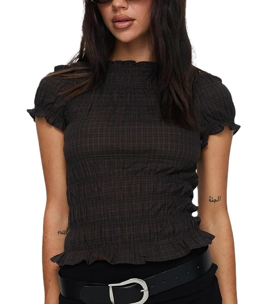 Womens Y2K Smocked Shirt Shirred Short Sleeve Crewneck Crop Top Ruffle Hem Going Out Tee Top | Amazon (US)