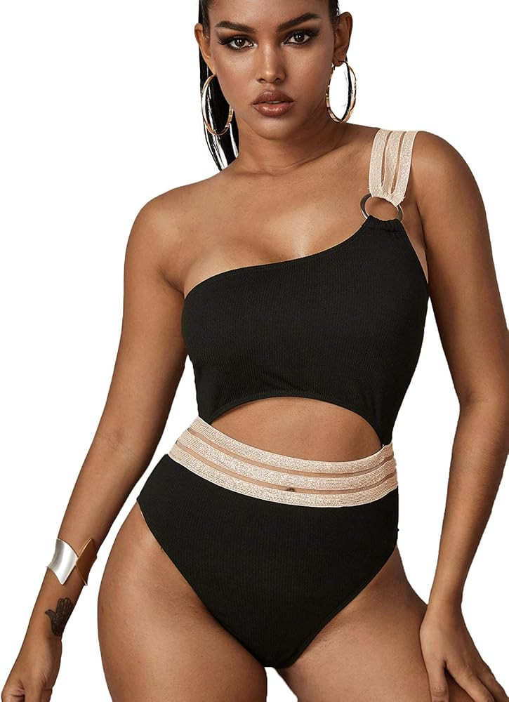 SweatyRocks Women's Sexy One Shoulder Ribbed Mesh Cut Out Monokini Swimsuits | Amazon (US)