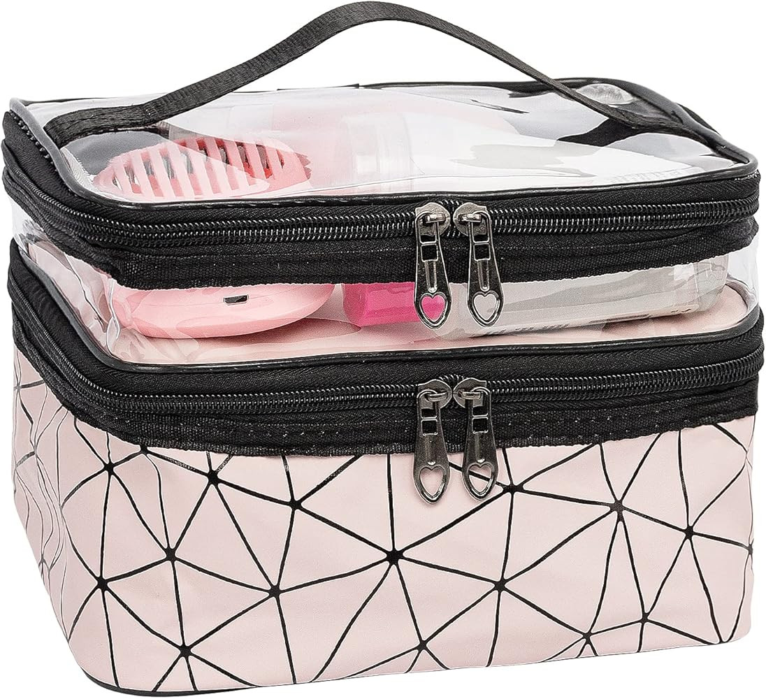 Vcedas Double Layer Cosmetic Bag Large Makeup and Nail Art Organize Bag Pink Reusable Travel Bags To | Amazon (US)