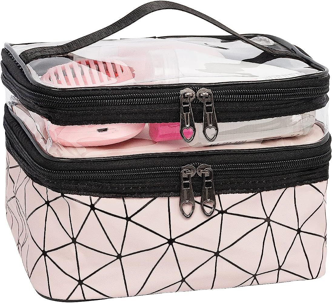 Vcedas Double Layer Cosmetic Bag Large Makeup and Nail Art Organize Bag Pink Reusable Travel Bags To | Amazon (US)