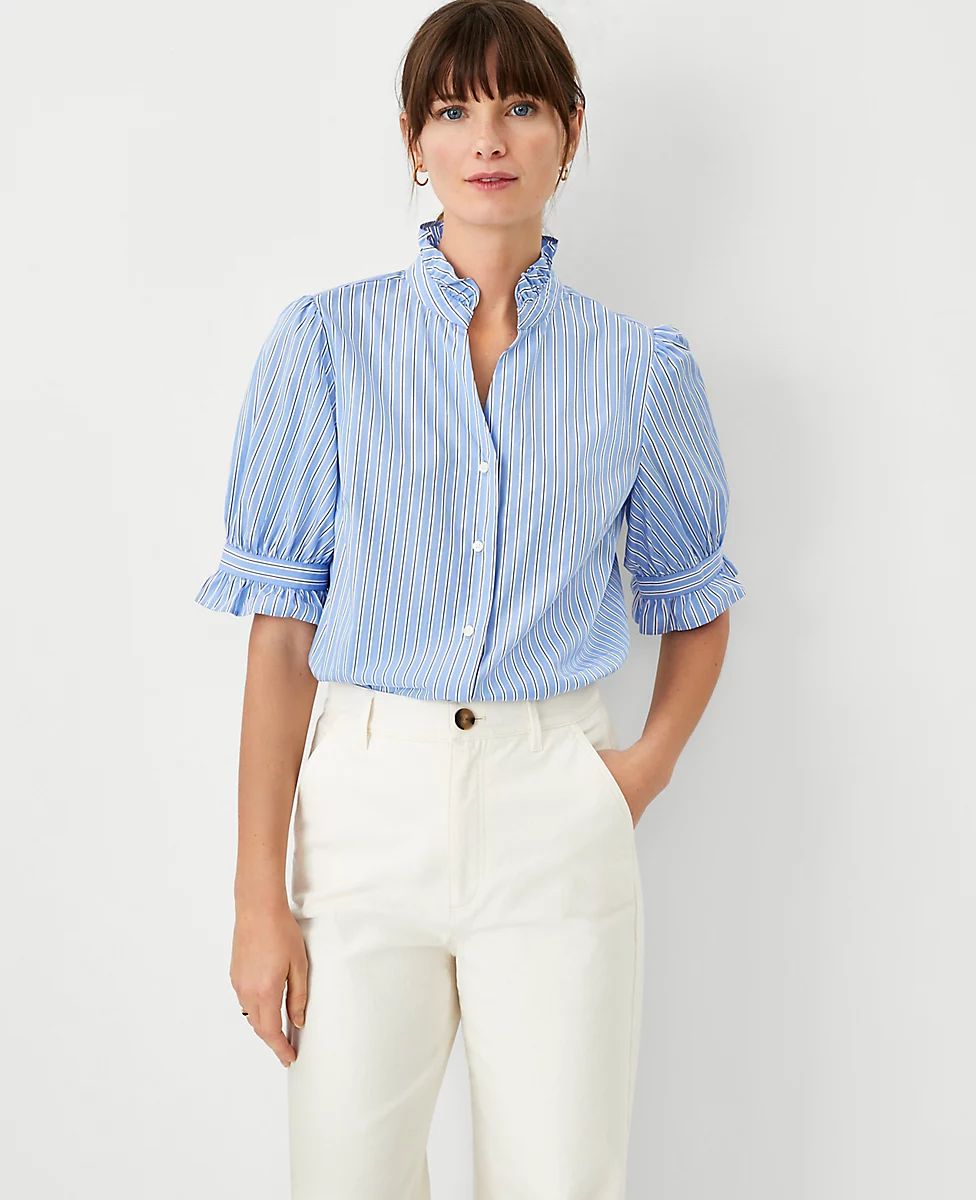 Stripe Ruffle Button Top | Ann Taylor (US)