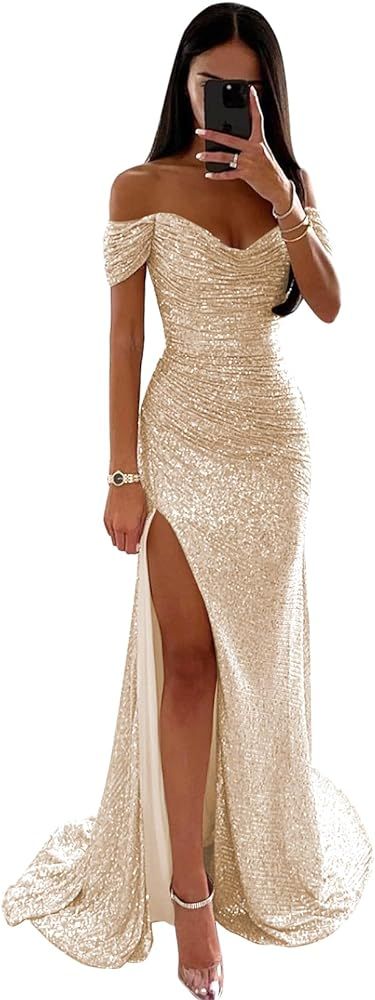 Women's Sequin Prom Dresses with Slit Mermaid Long Ball Gown Ruched Sparkly Formal Evening Gown | Amazon (US)