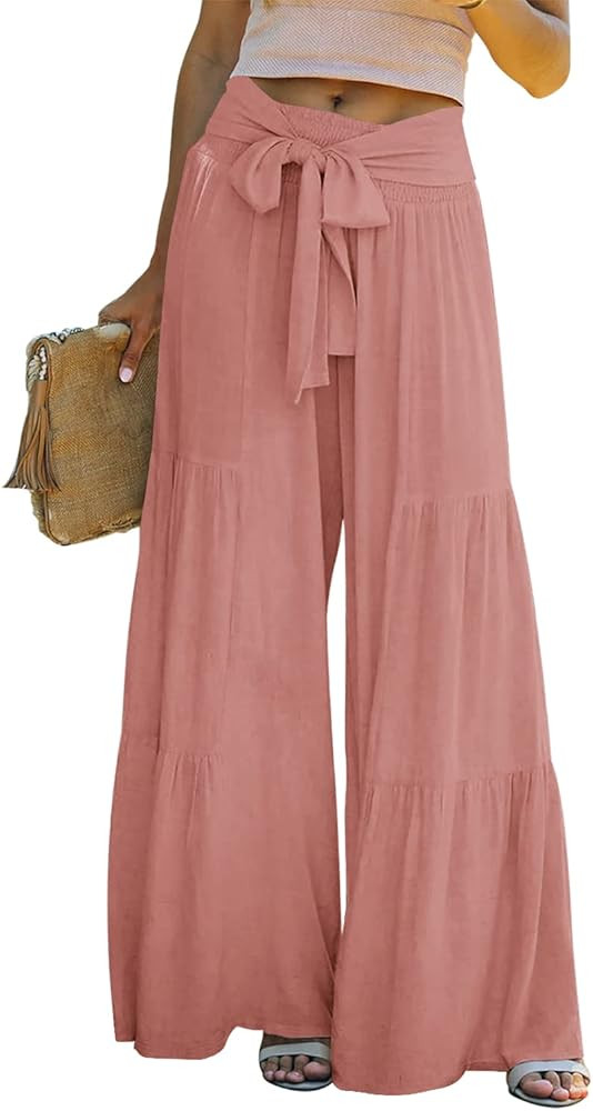 Nirovien Womens Wide Leg Palazzo Lounge Pants High Waist Smocked Beach Pants Linen Casual Tiered ... | Amazon (US)