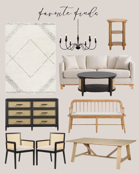 Walmart favorite finds:
Cream sofa. Black coffee table. Natural wood bench rustic. Natural wood side table. Black chandelier traditional. White area rug. Black dresser. Black dining chairs. Natural wood dining table.

#LTKhome #LTKsalealert