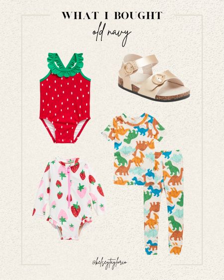 What I bought from old navy - all on sale! Baby girl swim, baby girl sandals and toddler dinosaur pajamas 

#LTKbaby #LTKsalealert #LTKkids