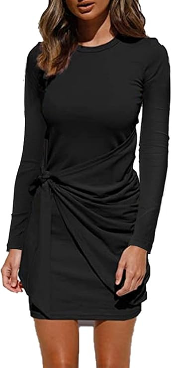 sumtaplor Women's Autumn T Shirt Dress Casual Long Sleeve Crewneck Bodycon Ruched Tie Waist Mini ... | Amazon (CA)