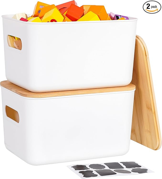 Citylife Storage Bins with Bamboo Lids 6QT Plastic Storage Containers Stackable Organizer Boxes w... | Amazon (US)