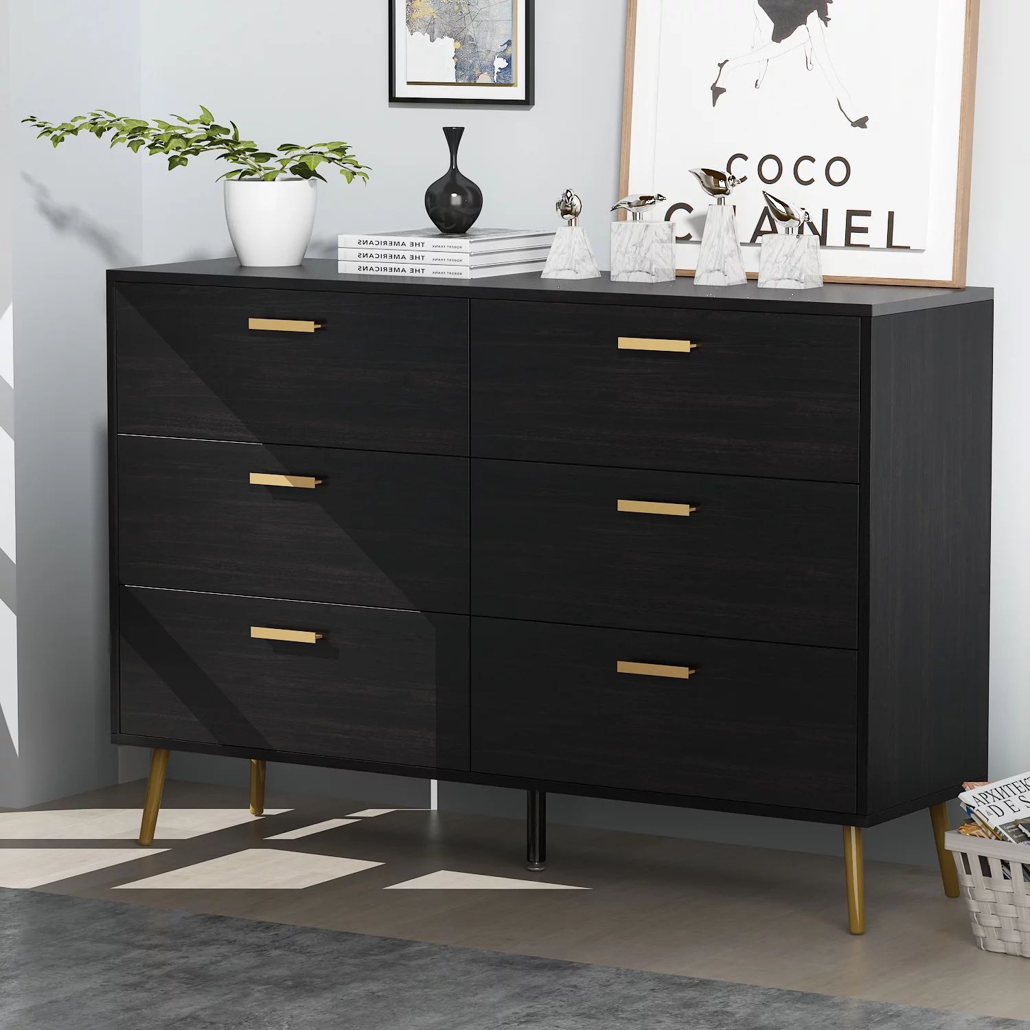 Erkang 6 Drawer Wooden Dresser Chest for Bedroom Living Room Sideboard Cabinet Black 54" | Walmart (US)