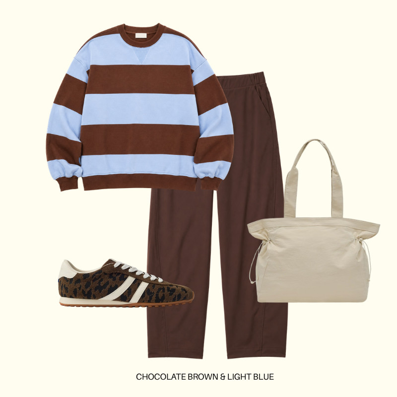 brown and blue are a superior color combo in my opinion, and I love mixing it with this sweatshirt and trousers.