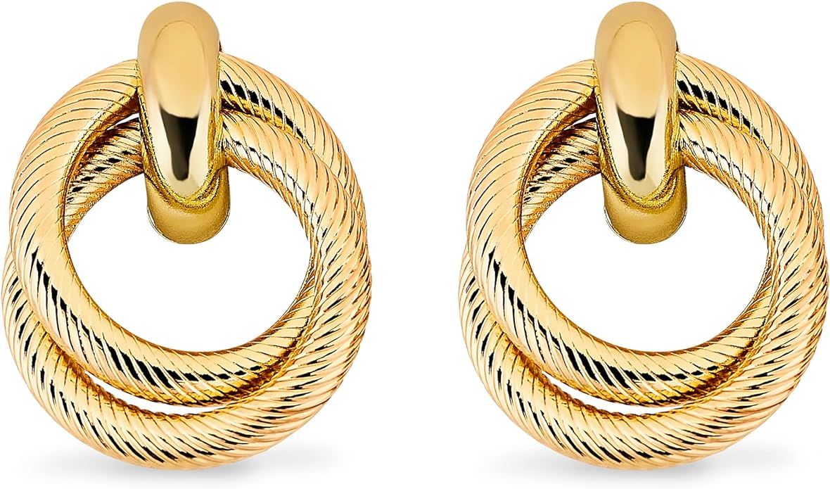 Pera Jewelry 14K Gold Plated Dangle Earrings, Twist Double Hoop Dangle Earrings, Geometric Circle... | Amazon (US)
