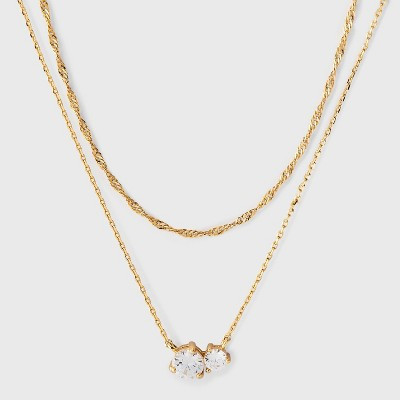 14K Gold Plated & Cubic Zirconia Duo Stud and Twist Chain Multi-layer Necklace - A New Day™ Gold | Target