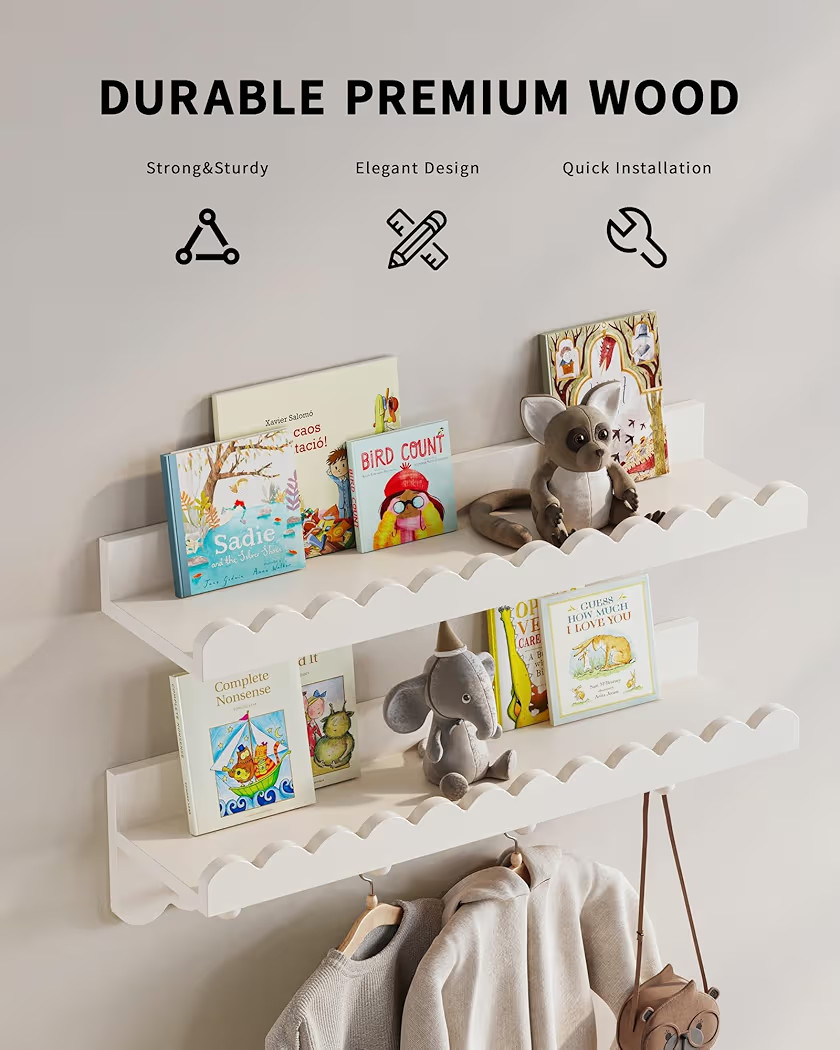 G&W Gruwald Nursery Book Shelves, Scalloped Shelves with Coat Hooks, Set of 3, Nursey Decor | Amazon (US)