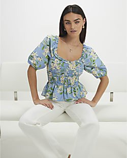 Blue Floral Print Puff Sleeve Shirred Top | River Island UK & IE