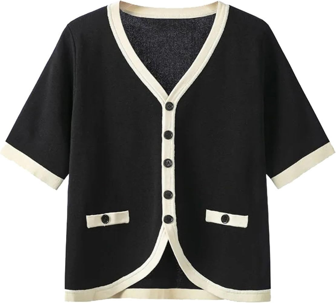 Chevara Women's Contrast Cardigan Sweaters Summer Casual Striped Cardigan Lightweight Short Sleev... | Amazon (US)