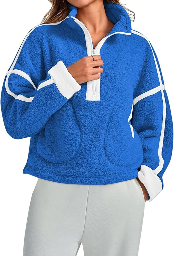 Women Sherpa Fleece Jacket Half Zip Oversized Cropped Sweatshirt Long Sleeve Pullover 2024 Winter... | Amazon (US)