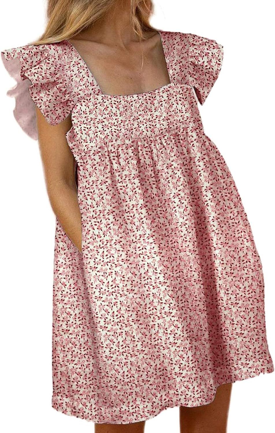 TOLENY Women's Loose Ruffle Sleeveless Mini Dress Square Neck Babydoll Swing Boho Dresses with Po... | Amazon (US)