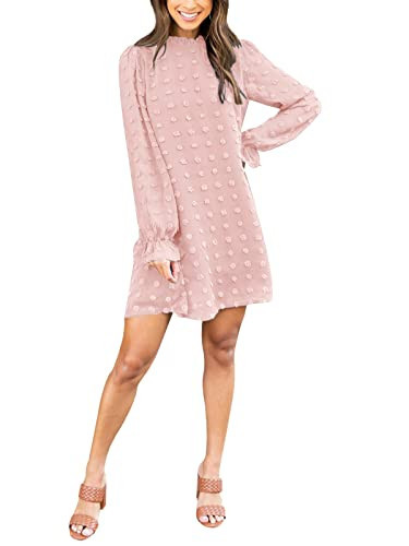 Adibosy Women Dress Long Sleeve: Flowy Wedding Guest Casual Mini Dresses for Womens Swiss Dot Chiffon Short Dress Pink M | Amazon (US)