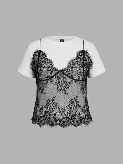 SHEIN MOD Plus Size White 2 In 1 Lace Contrast Round Neck Short T-Shirt, For Summer SKU: sz240905... | SHEIN