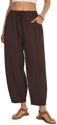 ZJCT Womens Linen Wide Leg Pants Summer Casual Palazzo Pants Drawstring Ankle Length Beach Harem ... | Amazon (US)