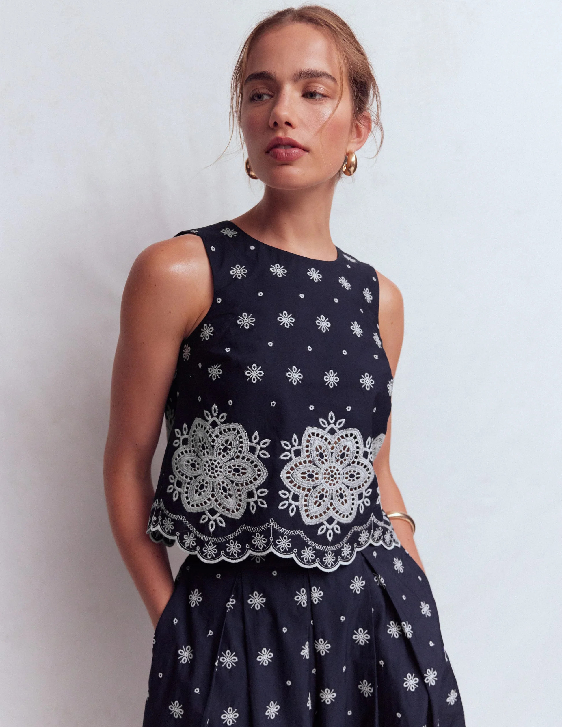 Sofia Broderie Shell Top-Navy | Boden (US)