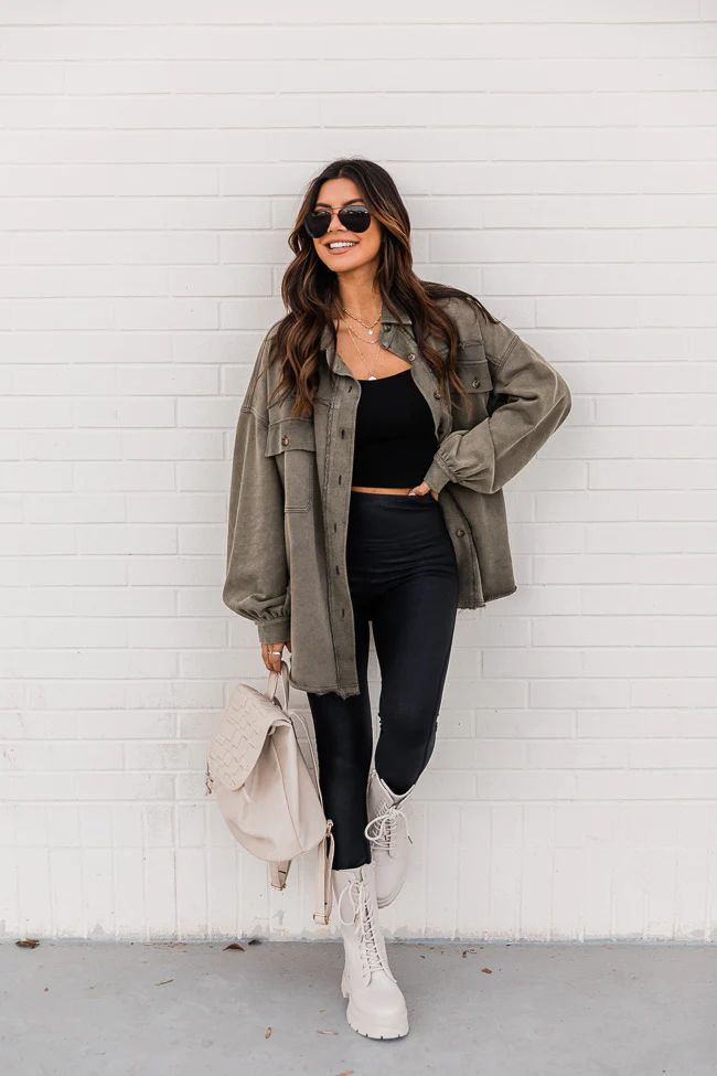 Morning Sunlight Olive Oversized French Terry Jacket | The Pink Lily Boutique