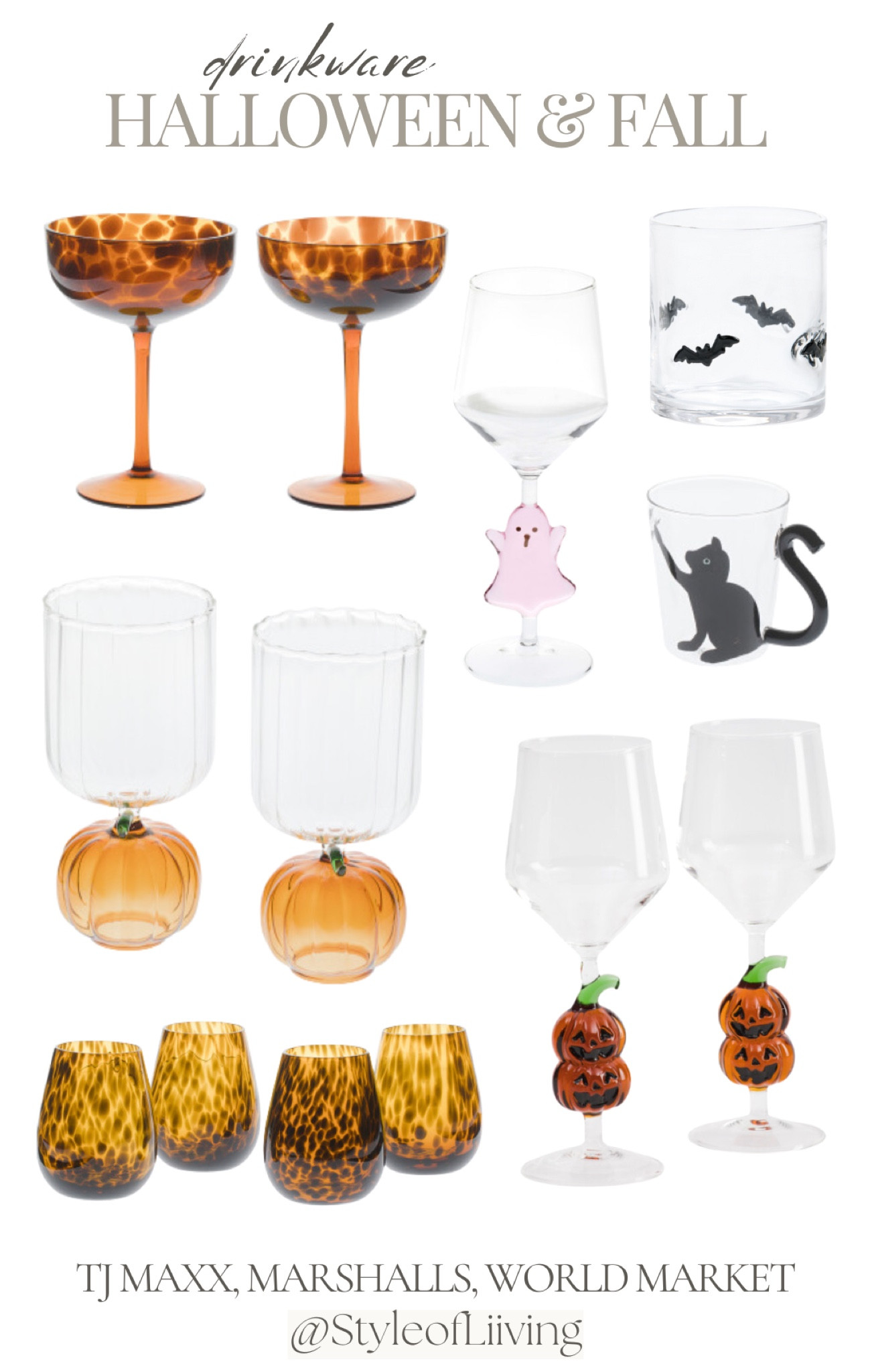 Halloween and fall drinkware. Wine glasses, water glasses, mugs. Pumpkins, bats, ghosts, black cats, tortoise shell pattern.

#LTKSeasonal #LTKHome #LTKFindsUnder50
