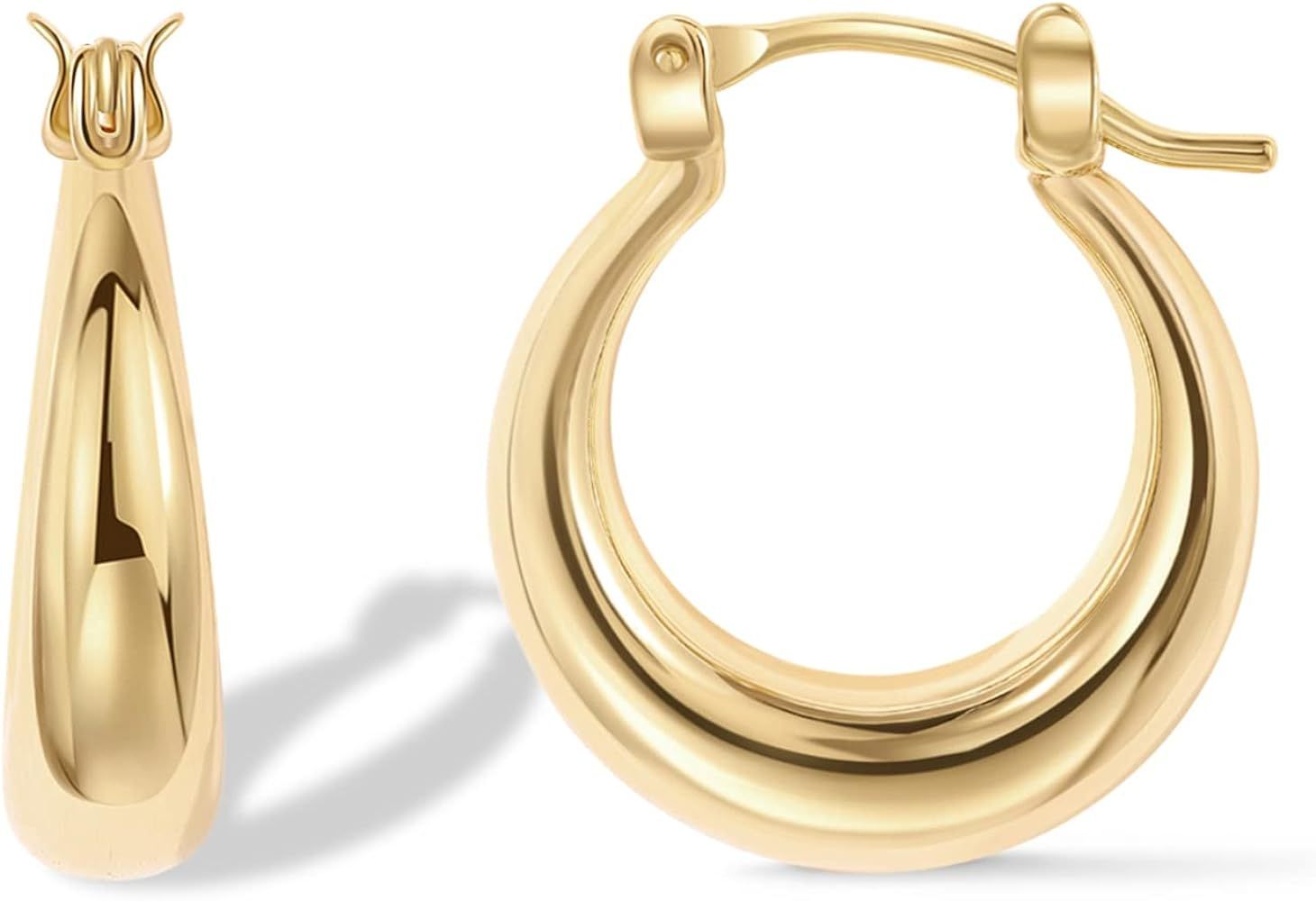 14K Gold Plated Sterling Silver Post Chunky Hoops | Thick Lightweight Gold Hoop Earrings for Wome... | Amazon (US)