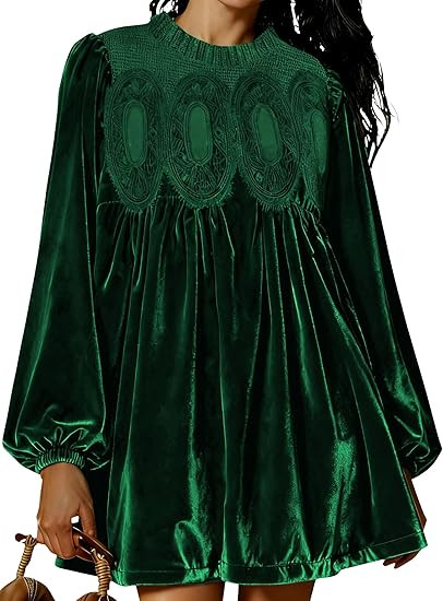 Huaqiao Womens A-Line Velvet Lace Overall Pleated Babydoll Mini Dress Casual Scallop Neck Flared ... | Amazon (US)