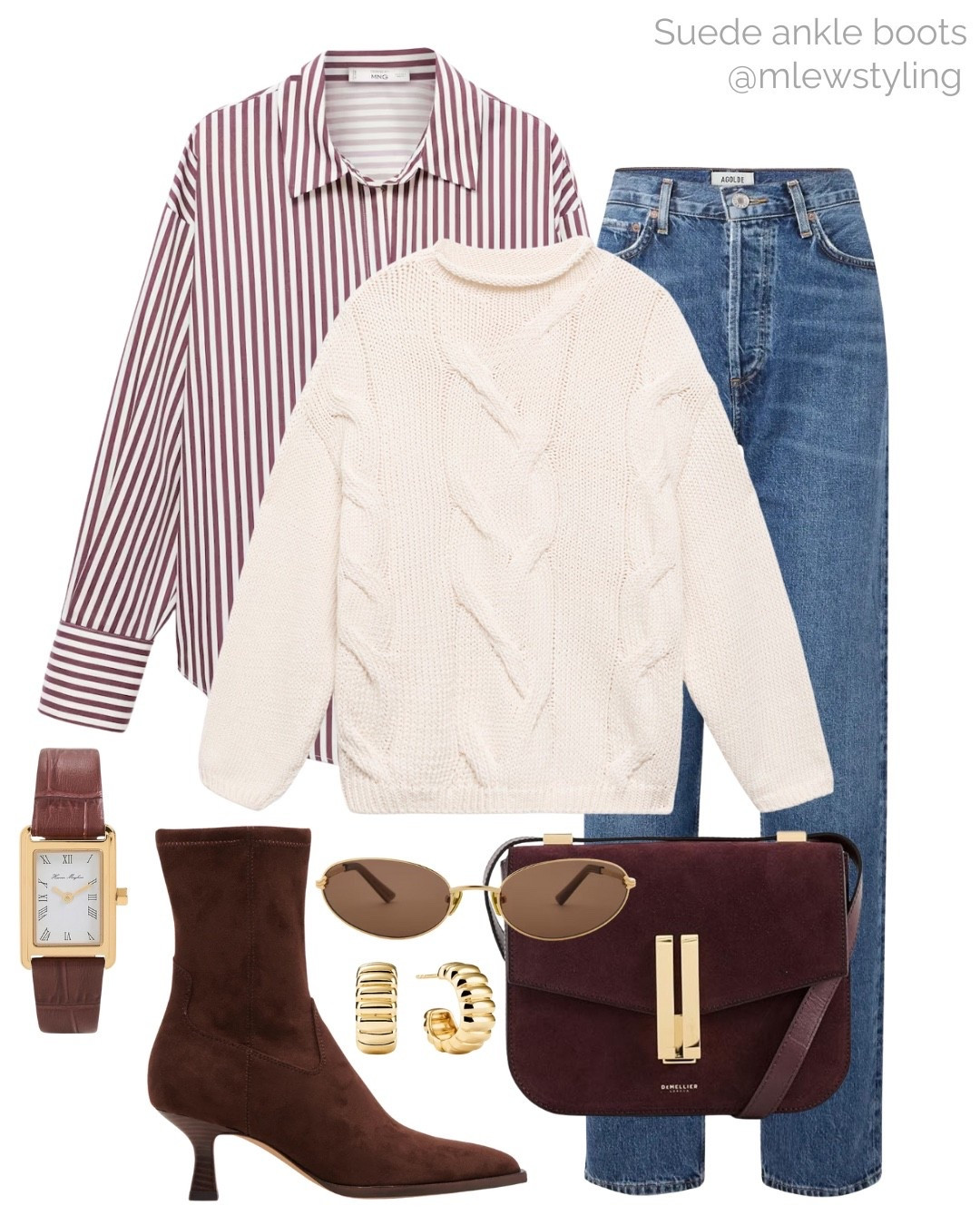  Chic fall outfit with suede ankle boots 🤎

Tags: dolce virtual brown suede kitten heel booties, DeMellier suede bag, agolde 90s pinch waist jeans, brown and gold watch, gold oval sunglasses, striped button down, mango oversized cable knit sweater, autumn fashion 

#LTKWorkwear #LTKItBag #LTKShoeCrush