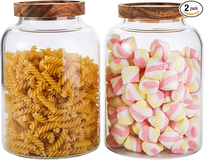 Bekith 2 Pack Large Glass Food Storage Jar with Airtight Wooden Lid, 66 FL OZ(1950ml) Glass Food ... | Amazon (US)