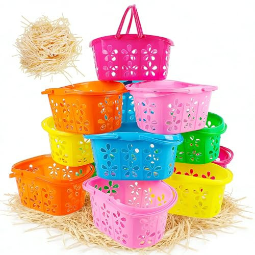 Zcaukya 12 Packs Easter Baskets, 6.5"x4.5"x3.2" Colorful Kids Baskets with Handles, Empty Plastic Easter Basket for Egg Hunt Party Favors | Amazon (US)