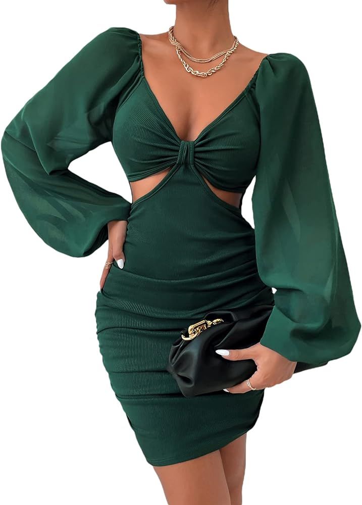Floerns Women's Leopard Print V Neck Lantern Sleeve Bodycon Dress | Amazon (US)