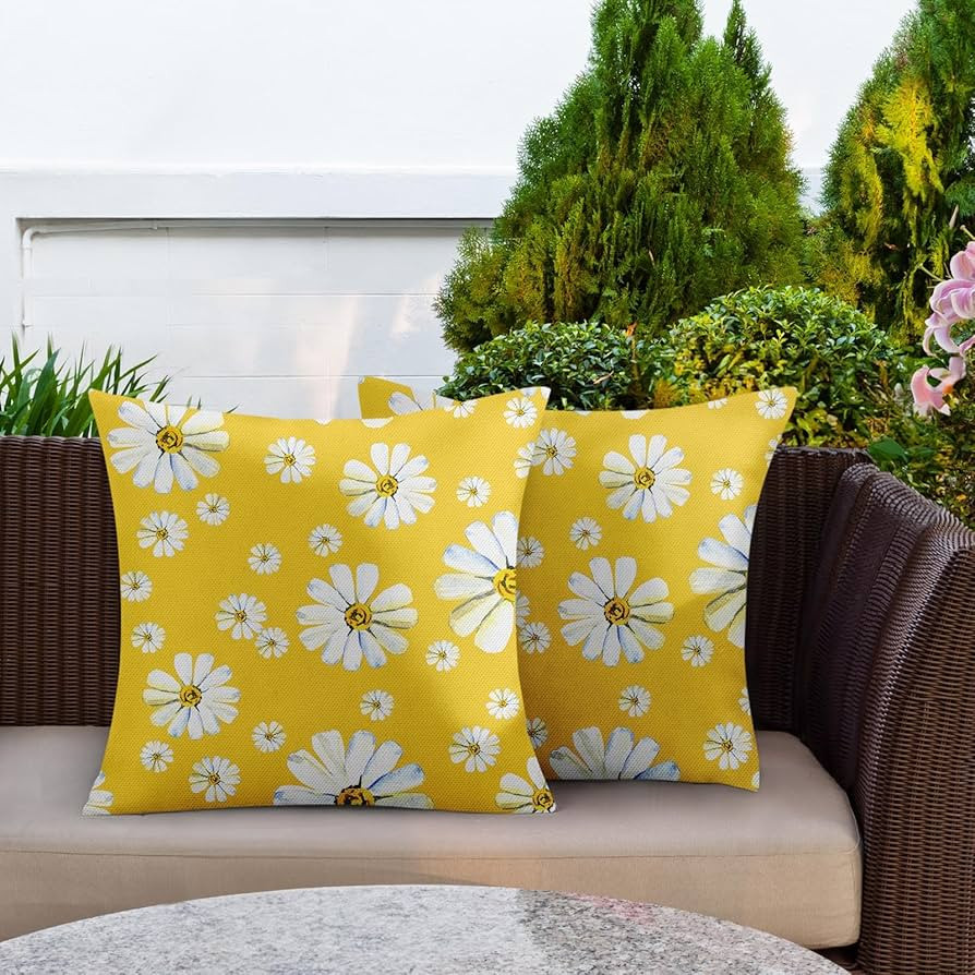 Yellow Daisy Flower Outdoor Waterproof Throw Pillow Covers 18 x 18 Inch Set of 2,Vintage Summer P... | Amazon (US)