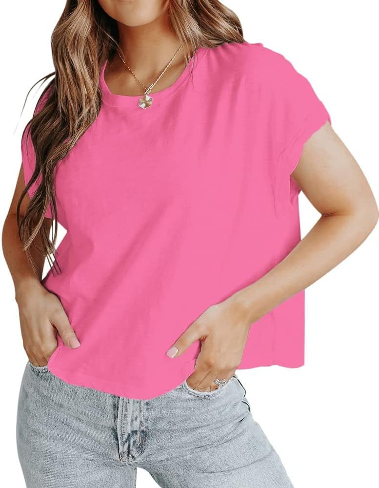 Fisoew Women Short Sleeve Crew Neck Cropped T Shirt Casual Summer Solid Color Basic Tees | Amazon (US)