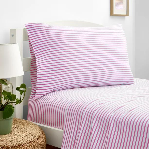 Gap Home Kids Mini Stripe T-Shirt Soft Jersey Organic Cotton Blend Sheet Set, Full, Pink, 4-Piece... | Walmart (US)