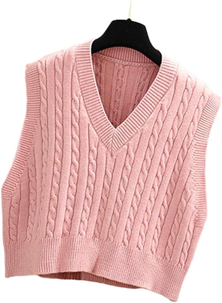 Lailezou Women's V-Neck Knit Sweater Vest Solid Color Argyle Plaid Preppy Style Sleeveless Crop Knit | Amazon (US)
