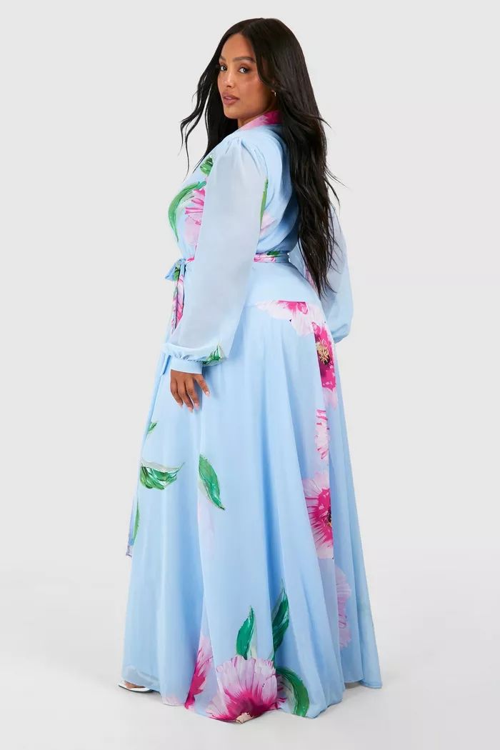 Plus Floral Print Long Sleeve Wrap Maxi Dress | boohoo (US & Canada)