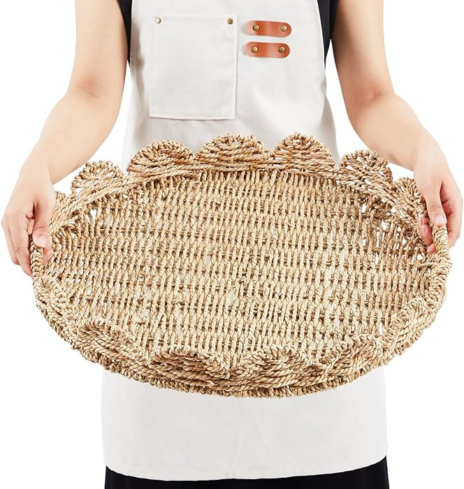Large Round Wicker Scalloped Serving Tray 20 Inch Hand Woven Scalloped Design Edge Round Rattan T... | Amazon (US)