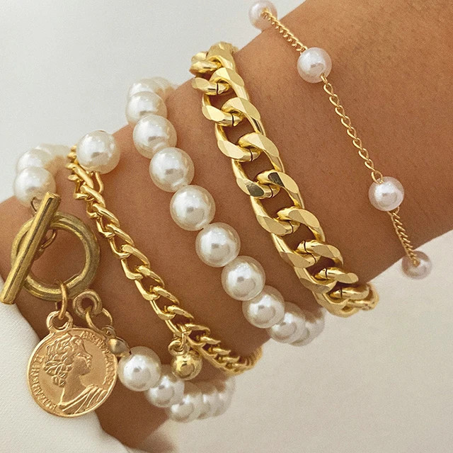 Boho Fashion Bracelets For Women New Vintage Geometric Pearl  Human Head Coin Pendant Gold Color ... | AliExpress (US)
