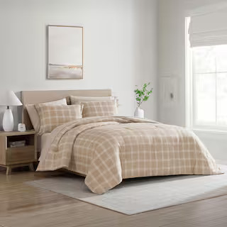 All-Season 5-Piece Reversible Taupe Plaid and Solid Color Polyester Microfiber Twin Bed in a Set | The Home Depot