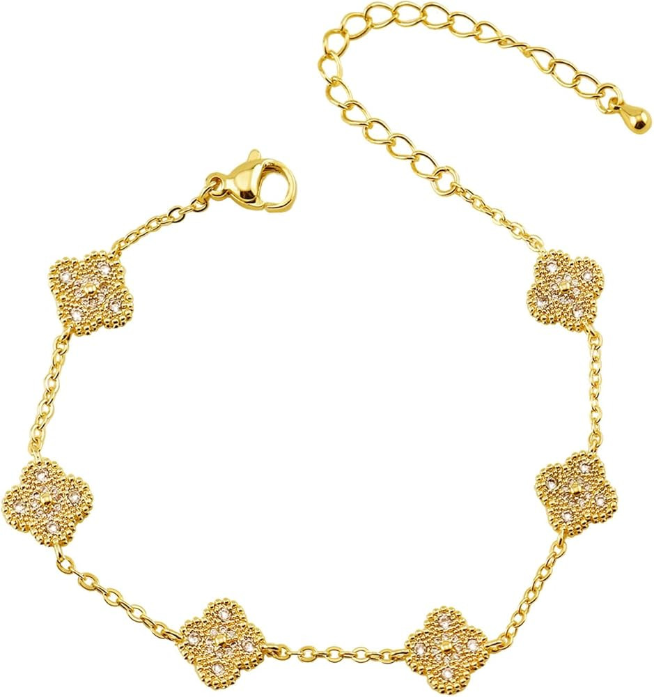 Four Leaf Clover Bracelet for Women 18K Gold Plated Stainless Steel Lucky 4 Leaf Gold Link Bracel... | Amazon (US)